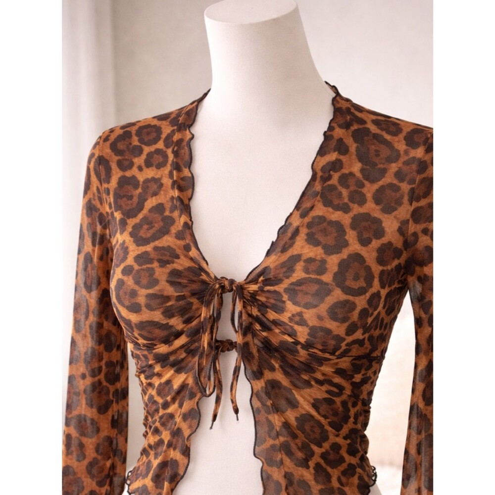 Leopard Print Sheer Tie-Front Top